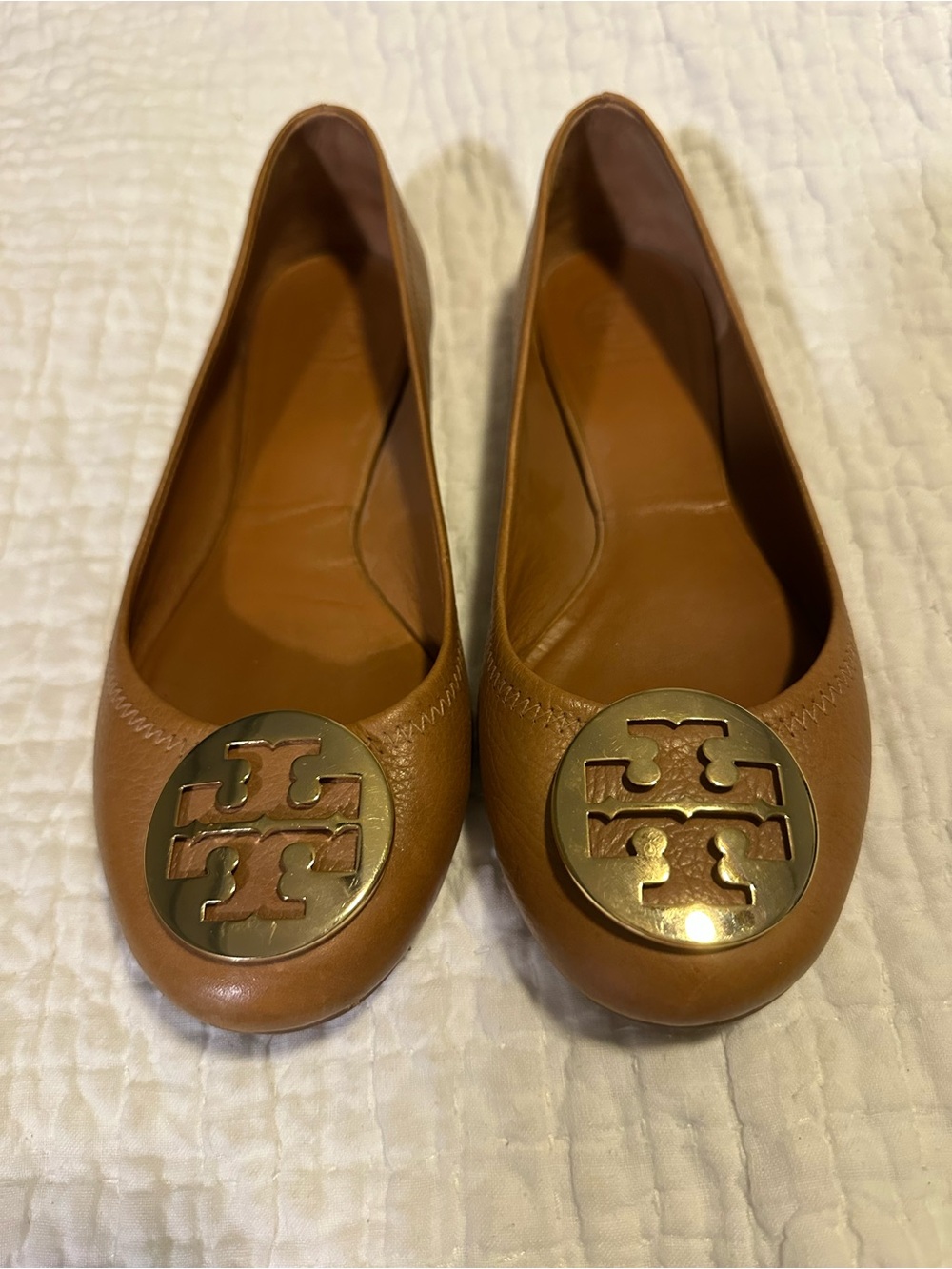 Tory Burch Tan Leather Ballet Flats with Gold Logo Medallion